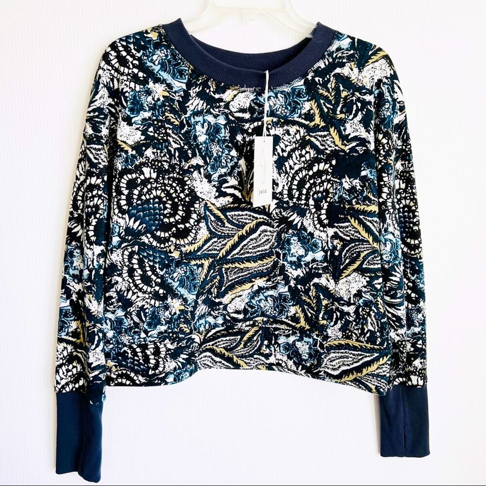 Joie Caleigh Blue Floral Paisley Cropped Sweatshirt Thumbholes Size Medium NWT